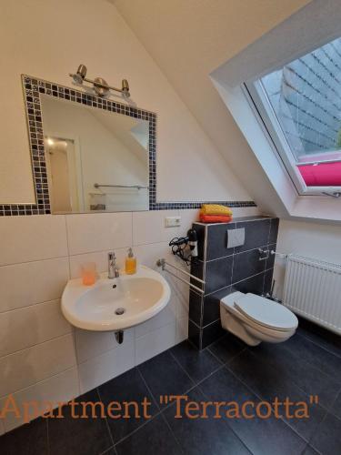 a bathroom with a sink and a toilet and a mirror at Weingut im Moselkrampen in Ellenz-Poltersdorf