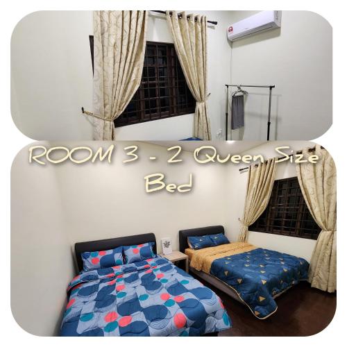 - une chambre avec 2 lits et un panneau indiquant le lit queen-size dans l'établissement De Elite Kuching Homestay @ Friendship Park, à Kuching