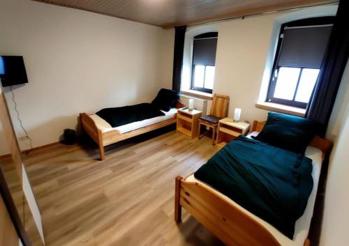 a room with two beds and a couch and two windows at Moderne Wohnung für bis zu 4 Personen in Eschenbach in der Oberpfalz