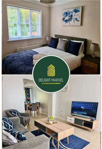 a bedroom with a bed and a living room at Delight Marvel- Beech Hurst-3 bedroom house in Maidstone