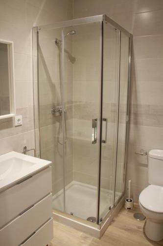 a bathroom with a shower with a toilet and a sink at Los palomares in El Casar de Talamanca