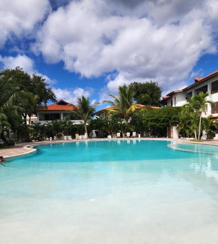 une grande piscine bleue avec des palmiers en arrière-plan dans l'établissement Residencial Paraiso by Alex, à Bayahibe