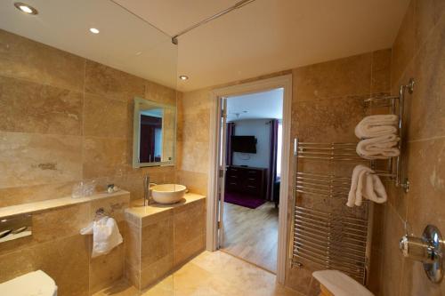 a bathroom with a shower and a sink and a toilet at Tudor Lodge Bed & Breakfast in Manorbier