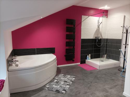 a bathroom with a white tub and a pink wall at Loft atypique et chaleureux in Châteauroux