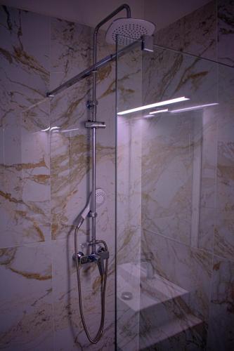 a shower with a glass door in a bathroom at VILLA ATHINA in Paleokastritsa