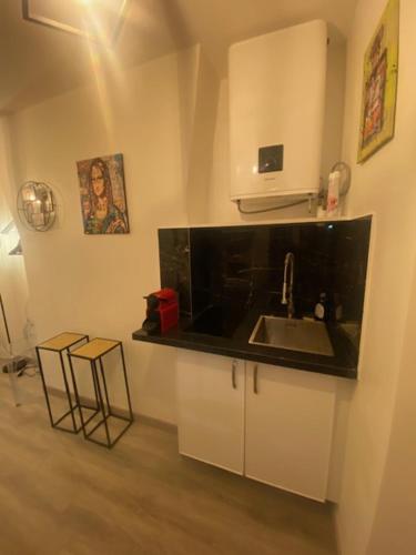 une cuisine avec un évier et un plan de travail dans l'établissement Studio cosy Paris Odéon, à Paris