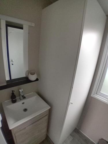 ein weißes Badezimmer mit einem Waschbecken und einem Spiegel in der Unterkunft Mobilhome tout confort, proche Saint-Malo, à 50 m de la plage et du GR34 in Saint-Coulomb