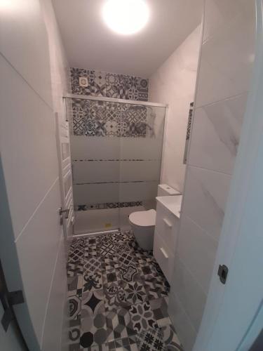 a white bathroom with a toilet and a shower at Bleu Océan in Praia de Mira