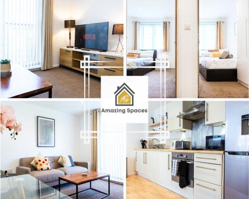 a collage of photos of a living room and anancing spaces at Executive 2 Bed Apartment with Free Parking by Amazing Spaces Relocations Ltd in Warrington