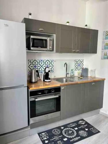 La cuisine est équipée d'un réfrigérateur et d'un évier. dans l'établissement BEL APPARTEMENT HYPERCENTRE T3/70 M2, à Clermont-Ferrand