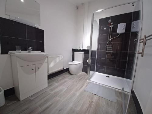 ein Badezimmer mit Toilette, Waschbecken und Dusche in der Unterkunft Redhouse Farm Cottage the most dog friendly place Ive ever stayed in Withernsea