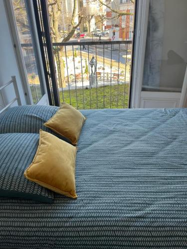 - un lit avec 2 oreillers et une fenêtre dans l'établissement Grand Appartement le Saint Marceaux Reims centre, à Reims