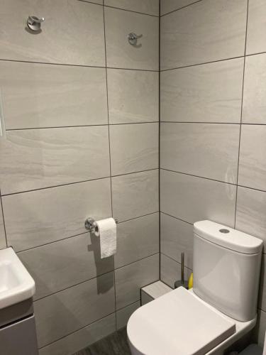 a bathroom with a toilet and a sink at Downs Cottage in Bristol