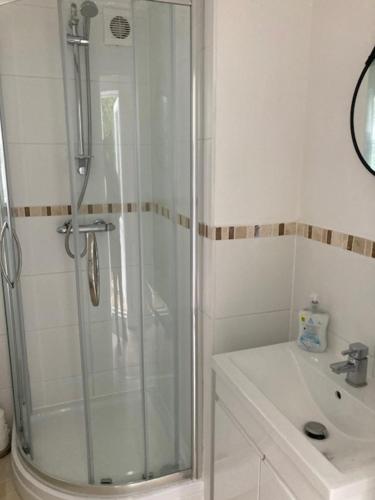 a white bathroom with a shower and a sink at Highcliffe Apartment with Parking in Christchurch