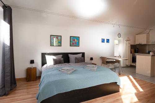 1 Schlafzimmer mit einem großen Bett und einer Küche in der Unterkunft Ferienwohnung Neuhaus in Wolfsburg