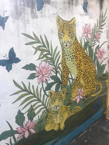 Un dipinto di un giaguaro e del suo cucciolo su un muro di Onça da Praia Hostel a Vitória