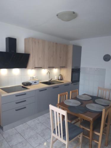 a kitchen with a table and chairs in a kitchen at Apartman Maja in Veli Iž