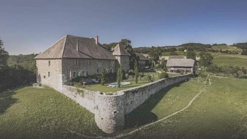 an aerial view of an old castle with a grass field at Château de Morgenex in Vallières
