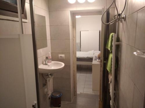 d'une petite salle de bains avec lavabo et d'une chambre. dans l'établissement Anna's Home *, à Campione dʼItalia
