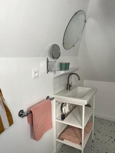 une salle de bain avec un lavabo et un miroir dans l'établissement Charmant T4 entièrement rénové !, à Lannion