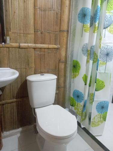 a bathroom with a toilet and a shower curtain at La Tebaida Posada Rural in Ubaque