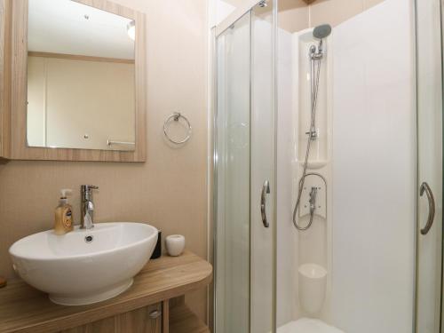 a bathroom with a white sink and a shower at Seafront Holiday Home 2 in Pwllheli