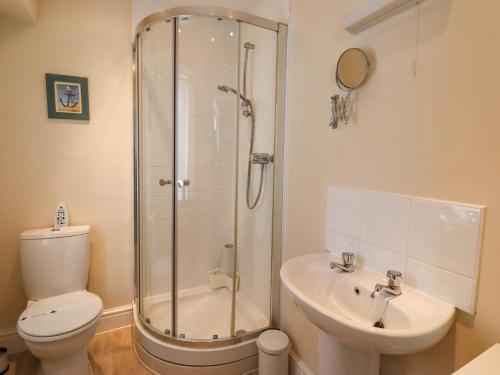 a bathroom with a shower and a toilet and a sink at Sunshine Cottage in Seahouses