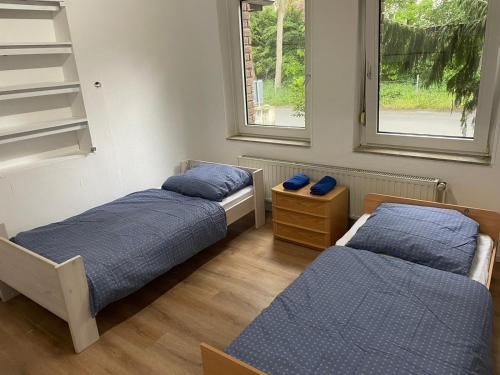 2 Betten in einem Zimmer mit blauen Kissen in der Unterkunft Haus Check-In in Gütersloh