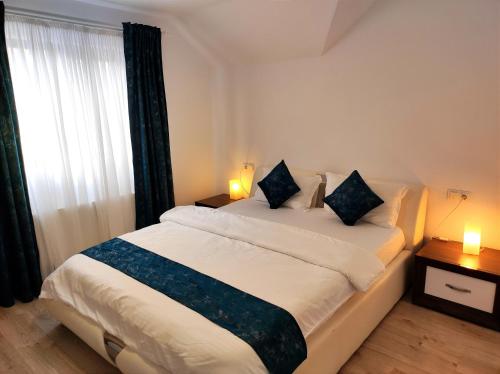 a bedroom with a large white bed with two pillows at Regal Guest House in Sighetu Marmaţiei