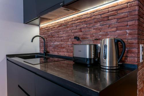 a kitchen counter with a toaster and a brick wall at Gudauri Mountain Views in Gudauri