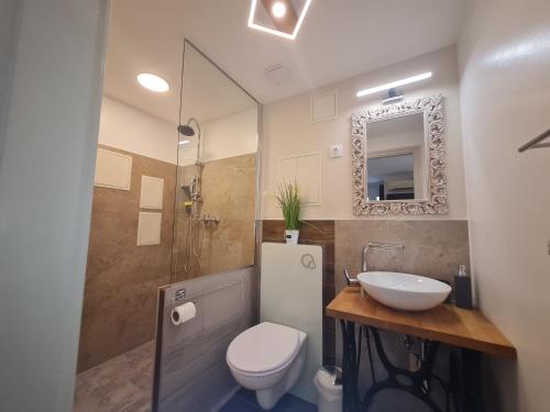 ein Badezimmer mit einem WC, einem Waschbecken und einem Spiegel in der Unterkunft Csever Apartman in Tata