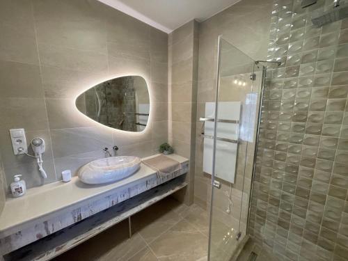 a bathroom with a sink and a glass shower at Vitality Apartman in Makó