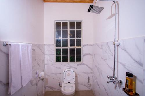 a white bathroom with a toilet and a window at Royal Homestay in Moshi