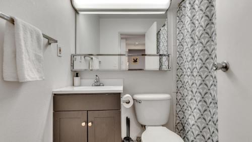 a small bathroom with a toilet and a sink at Modern Corporate 2br Suite Pool, Gym Pp in Harrisburg