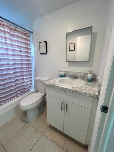 uma casa de banho com um WC, um lavatório e um espelho. em Apartment in Hollywood close to shops and beach em Hollywood