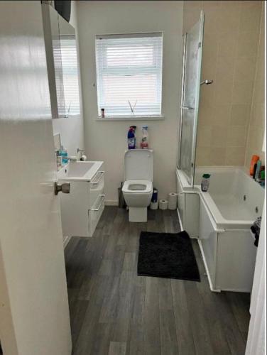a bathroom with a toilet and a sink and a tub at Mac’s- Double Room shared bathroom in Belfast