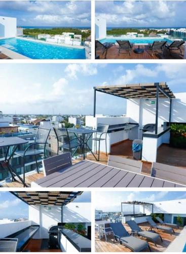 a collage of four pictures of a building with a pool at Penthouse con Alberca Privada in Playa del Carmen