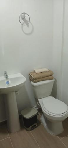 a bathroom with a white toilet and a sink at Apartaestudio Rionegro cerca Aeropuerto in Rionegro