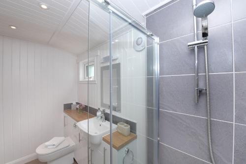 a bathroom with a shower and a toilet and a sink at Lomond View in Langbank