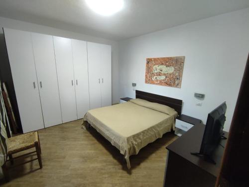 a bedroom with a bed and a desk and a tv at Appartamento Su Survaju in Irgoli