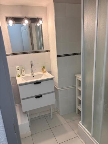 une salle de bain avec un lavabo et une douche dans l'établissement Classé 3 Etoiles Charmant Appartement Cosy sur Sète proche de toutes commodités, Parking Privé, à Sète