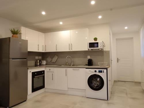 une cuisine avec un lave-linge et un réfrigérateur dans l'établissement Au jardin Parisien, à Argenteuil