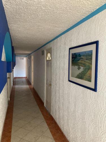 a hallway with a painting on the wall and a hallwayngthngthngthngthngth at Hotel Oasis Acapulco in Acapulco