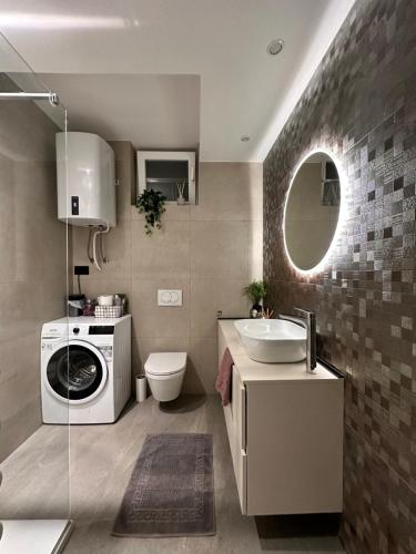 y baño con lavadora y lavamanos. en New Modern Apartment Meggie - CENTAR, en Osijek