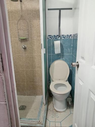 a bathroom with a toilet and a shower at Santa Tecla Acogedora Guest House in Nueva San Salvador
