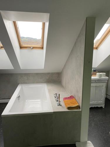 un bagno con finestra e grande vasca bianca. di Schlosserhaus a Lustenau