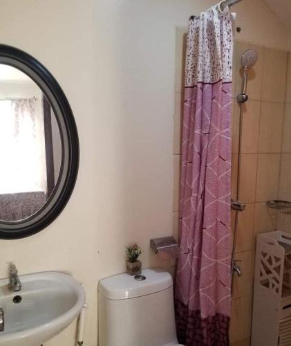 a bathroom with a toilet and a sink and a mirror at Pumpkin Transient House in San Fernando