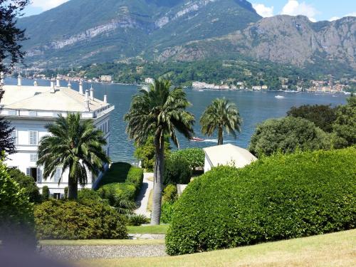 a view of a house with palm trees and a lake at Antico Pozzo Apartment in Bellagio
