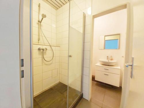 W łazience znajduje się prysznic i umywalka. w obiekcie City J&L Apartment Zentrale Lage we Fryburgu Bryzgowijskim