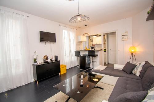 un salon avec un canapé et une table dans l'établissement 2 pièces cocooning (5' RER D Maisons-Alfort), à Alfortville